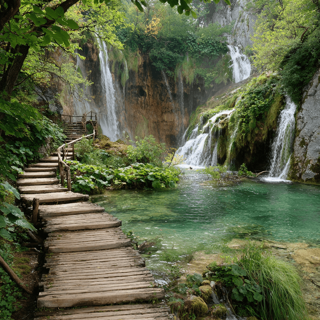 Waterfall with wooden walkway in lush green surroundings.