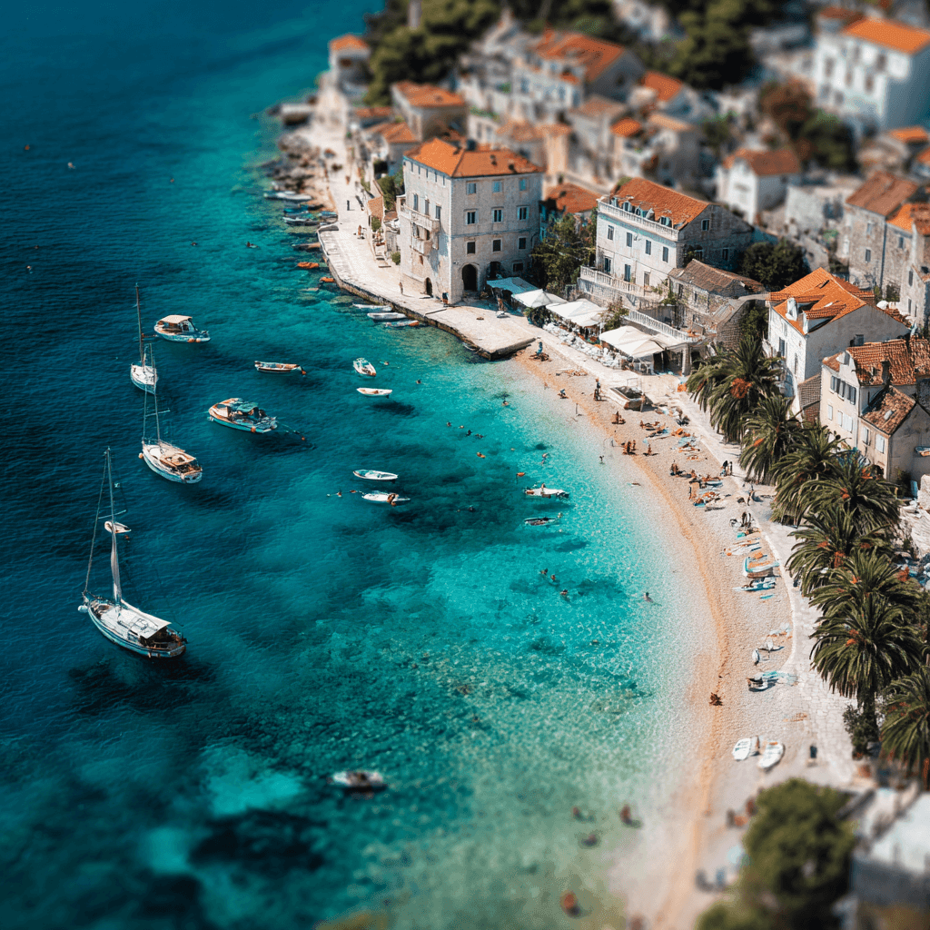 Beach scene or aerial view of Hvar town.