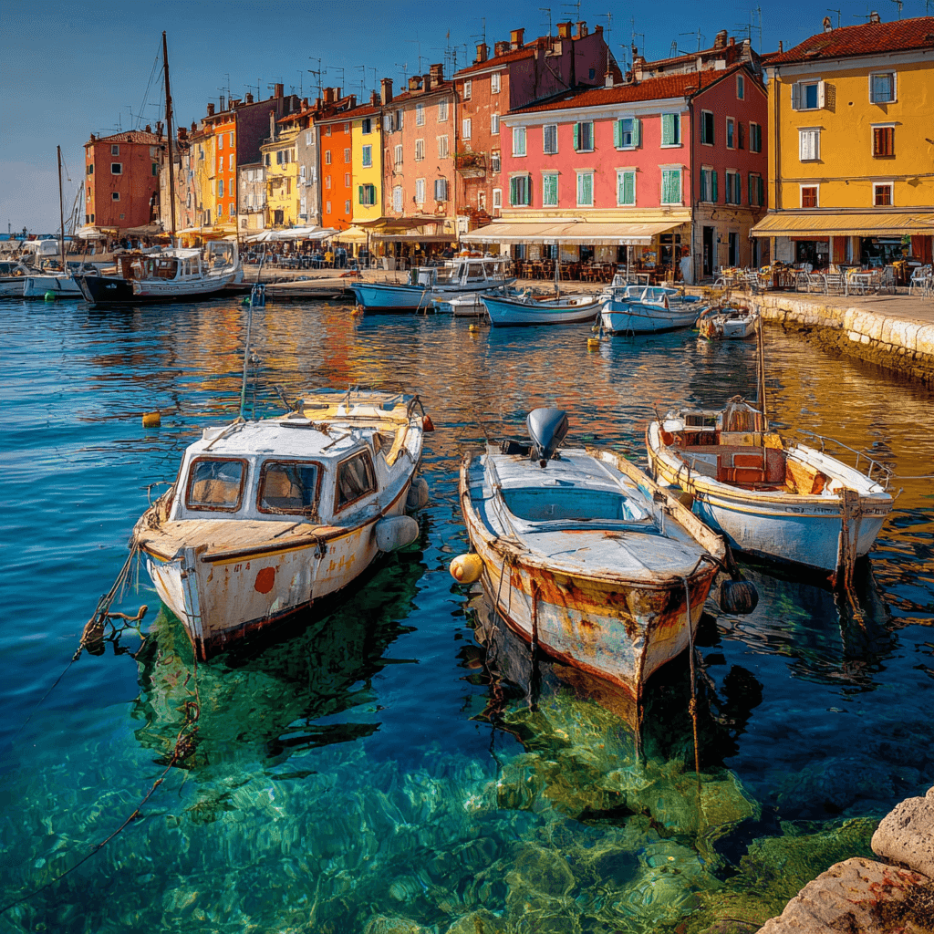 Rovinj harbor with pastel buildings and boats.