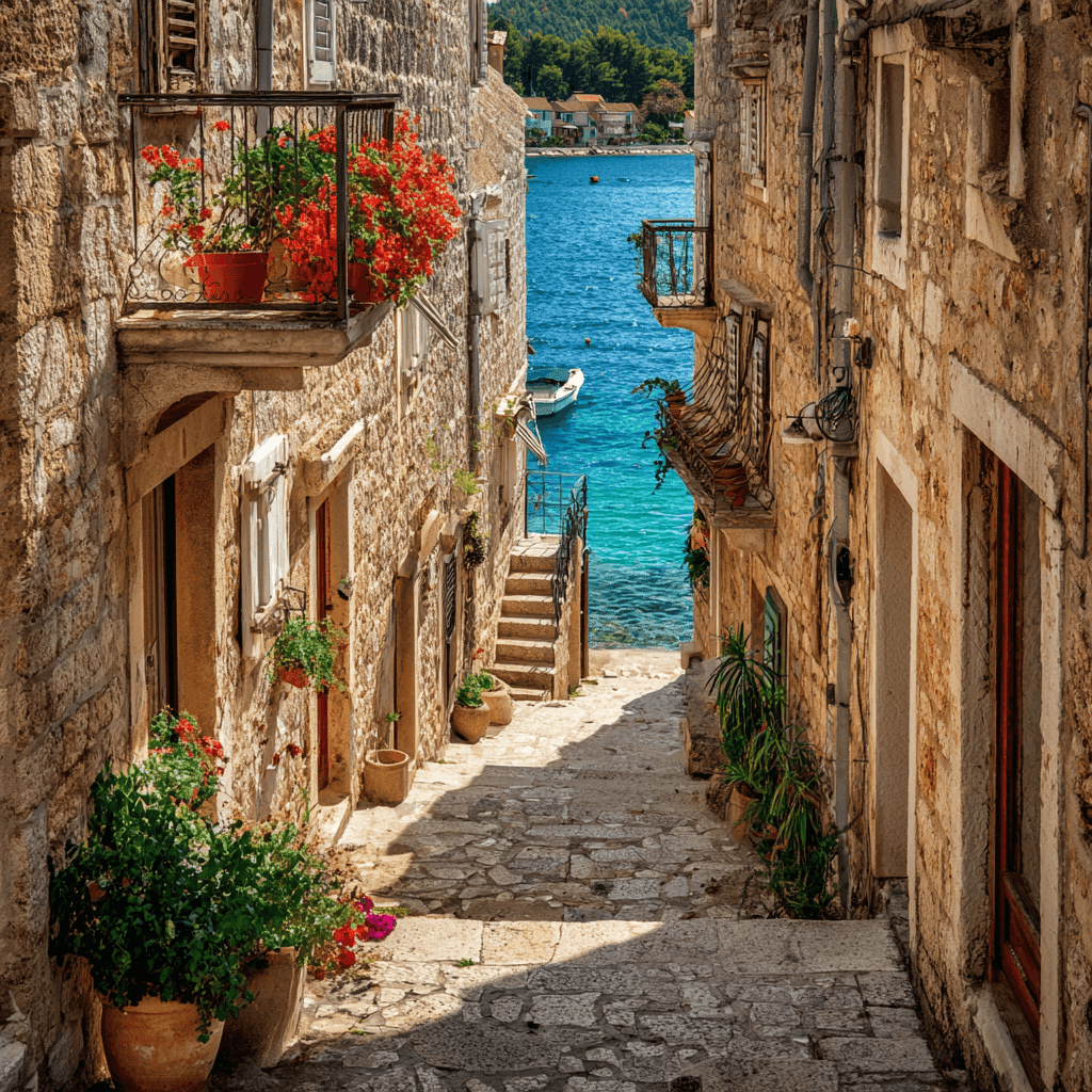 Narrow cobbled street with stone houses and sea view.