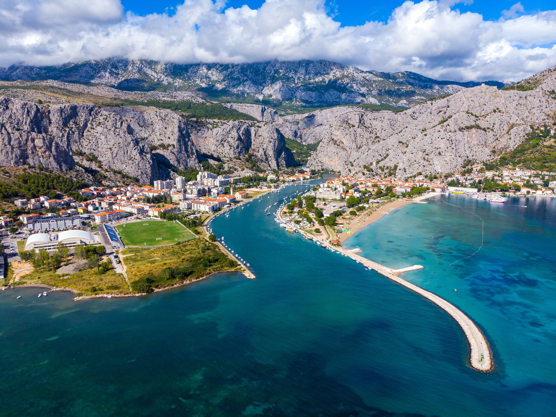 panorama of the town of Omiš in croatia on the adriatic coast; Europe; drone view