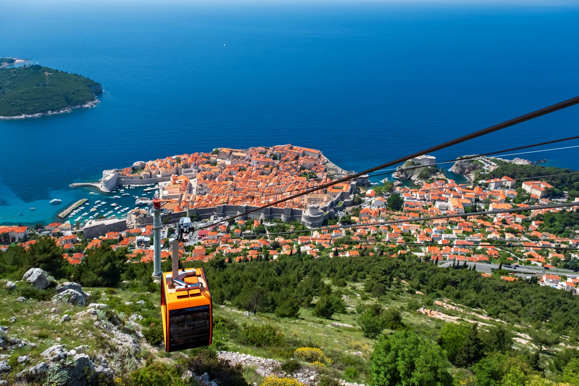Old Town Of Dubrovnik, Aerial Panoramic View From Srd Mountain With Cable Car Ascending, Dalmatia, Croatia, Europe